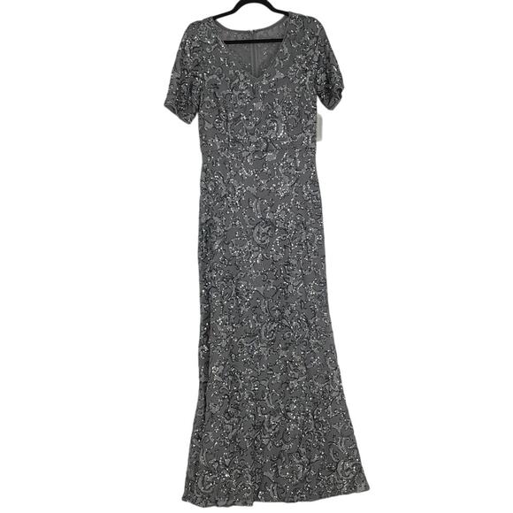 Alex Evenings Womens 10 Gray Sequin Embellished Maxi Dress Elbow Sleeve OS15-10 - Picture 1 of 10